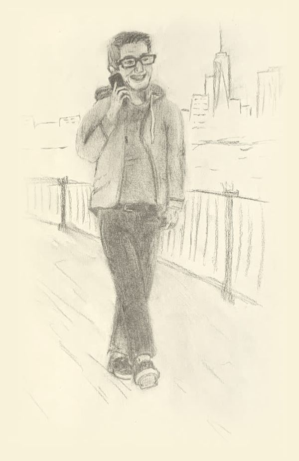 Charcoal sketch of me walking with phone in hand