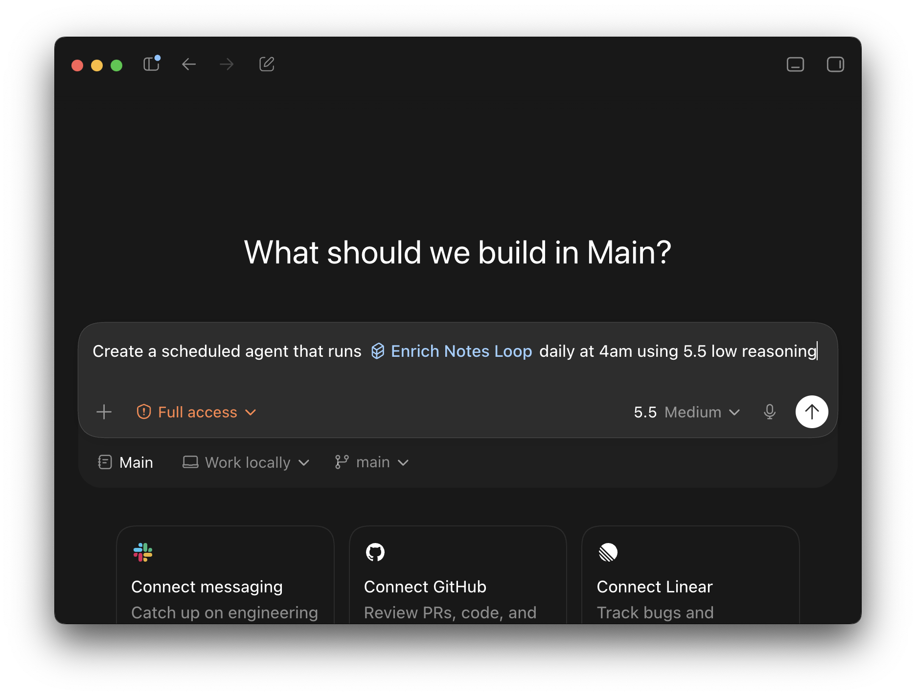 Codex's schedule creation flow, with a chat describing the skill to run, the target directory, and a daily overnight cadence.