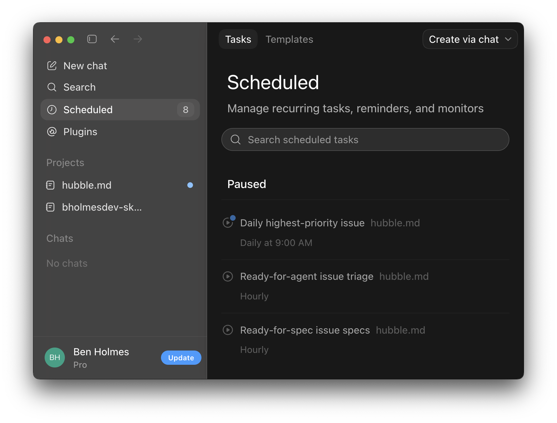 The Codex app sidebar with the Scheduled tab selected, showing a list of scheduled automations.