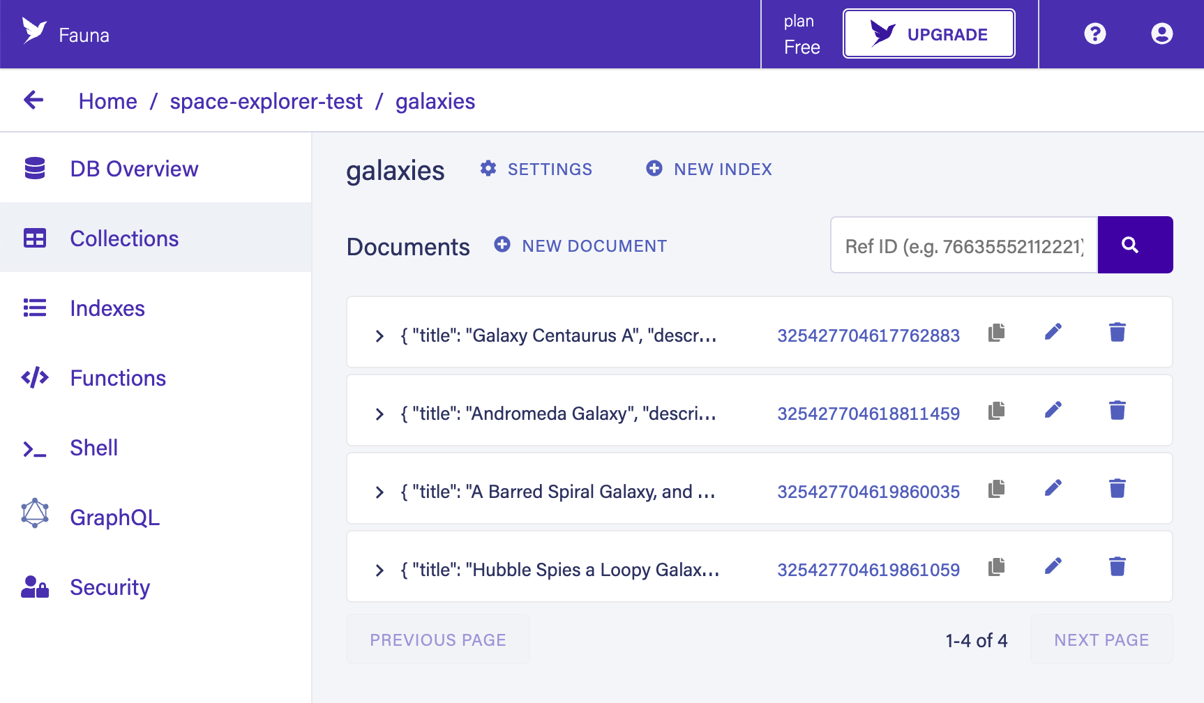 Fauna collections tab, with a list of galaxy JSON objects under the galaxies > documents heading.