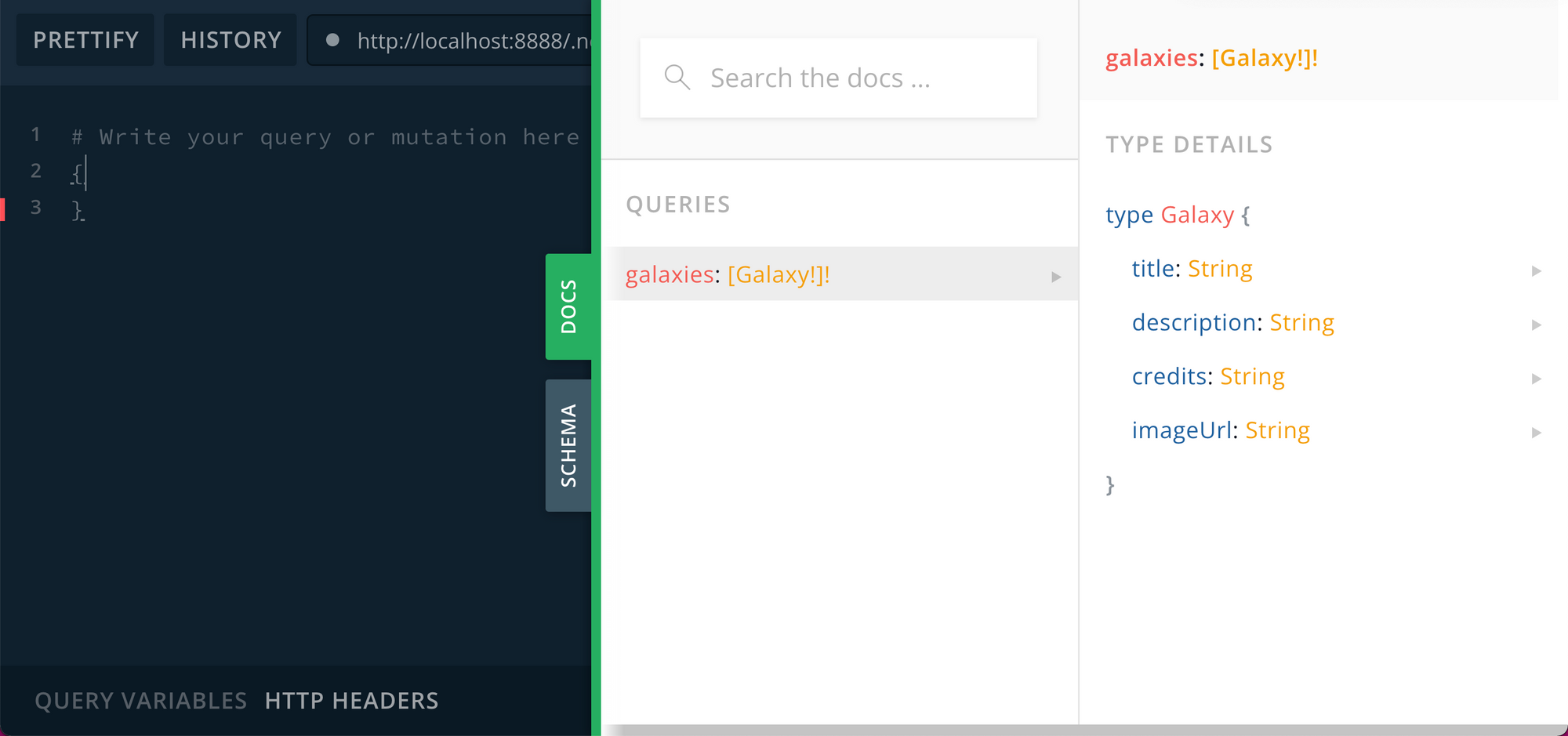 GraphiQL UI demo. Docs tab is opened to reveal "galaxies" resolver.