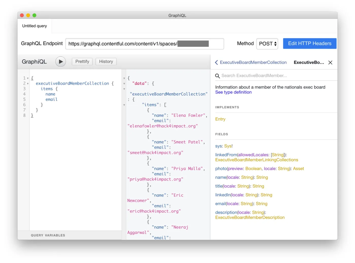 Entering our query into GraphiQL, with response data appearing on the right