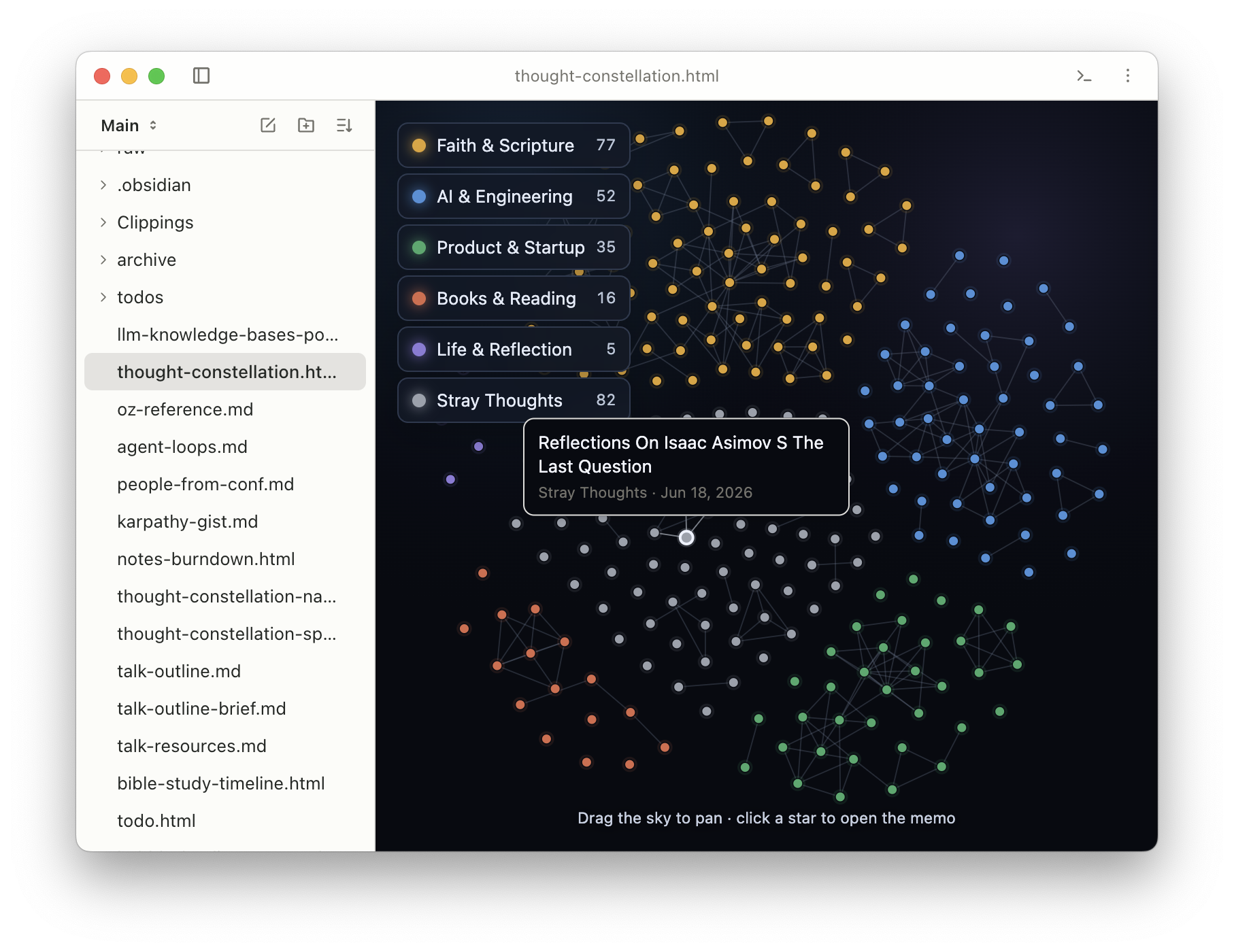 Notes displayed as a constellation of colored stars, clustered by tag with lines connecting related notes and a legend of topics.
