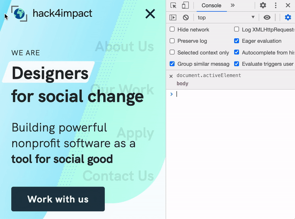 When hitting toggling the hamburger menu off on the Hack4Impact site, we see a faint focus ring over each link as we tab to these low opacity elements