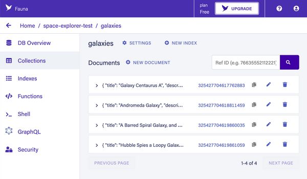 Fauna collections tab, with a list of galaxy JSON objects under the galaxies > documents heading.