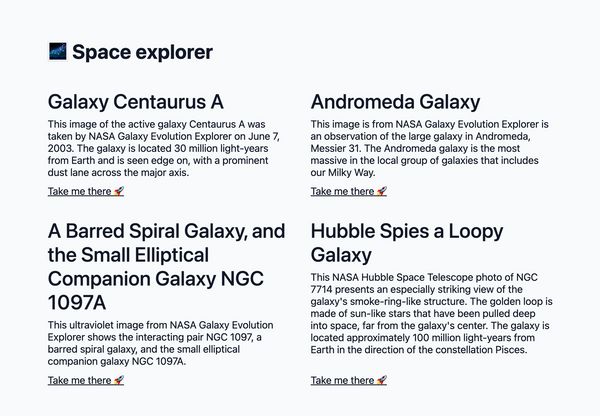 Galaxy homepage with 4 tiles, one for each galaxy. Each has a heading, description, and 
