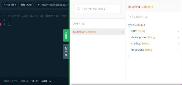 GraphiQL UI demo. Docs tab is opened to reveal 